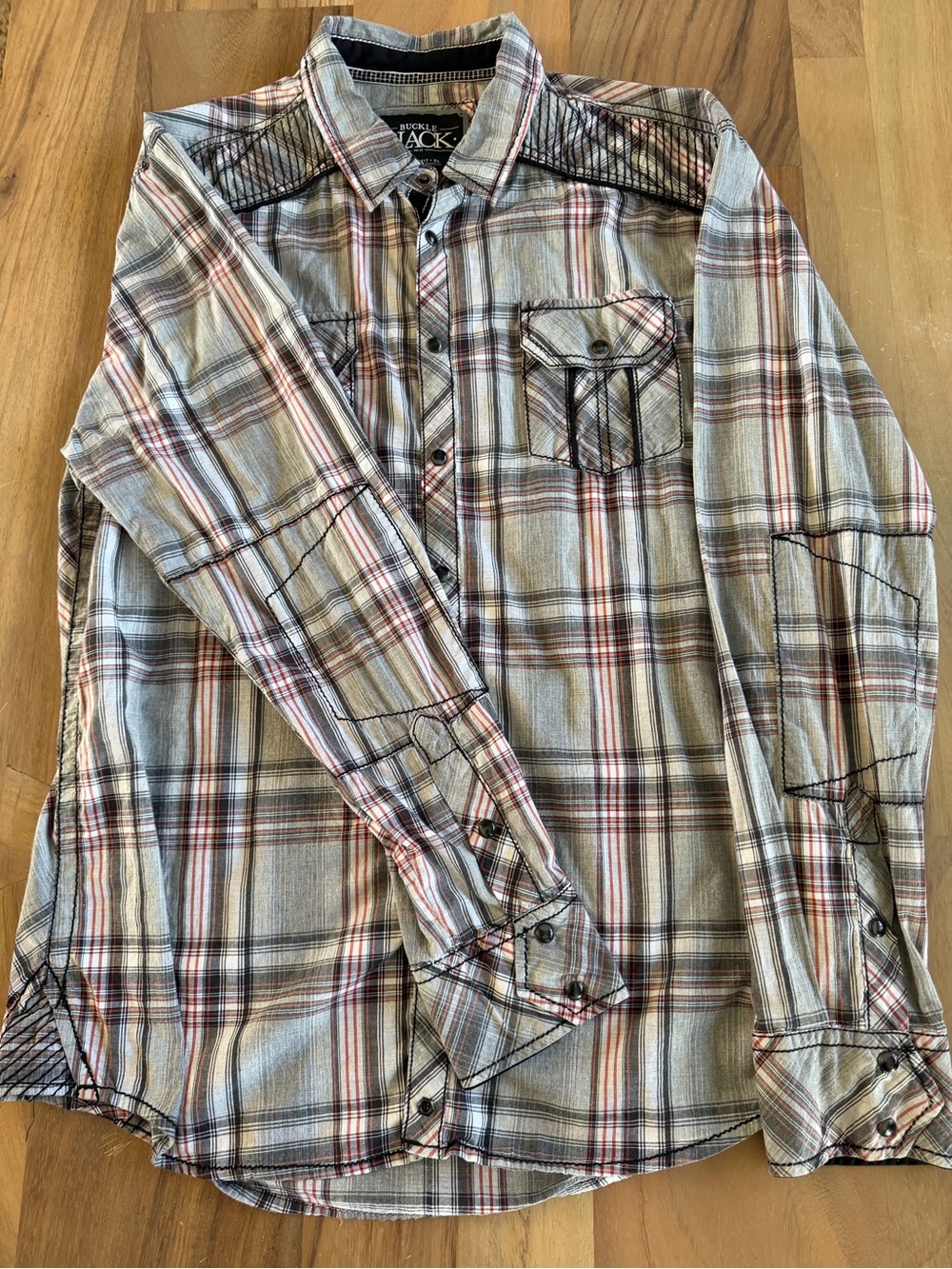 Buckle Plaid Button-Down Shirt in Gray with Red and Black Accents